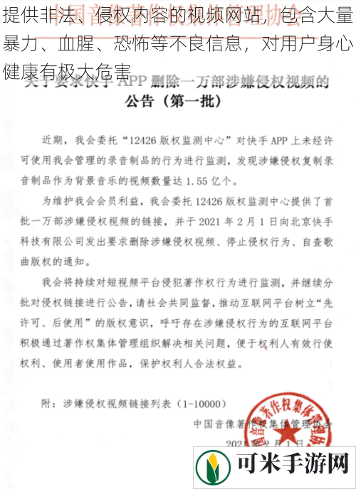 提供非法、侵权内容的视频网站，包含大量暴力、血腥、恐怖等不良信息，对用户身心健康有极大危害